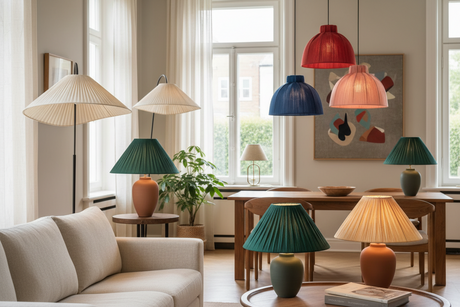 Contemporary living room showcasing various lampshades made of natural materials and bold silhouettes