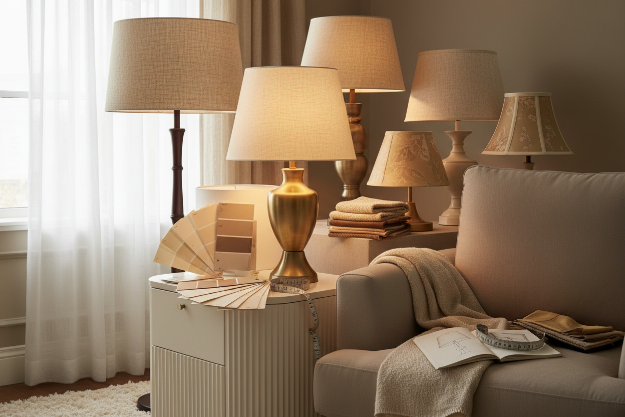 Elegantly styled living room featuring various table lamps with shades and a colour palette for decor matching