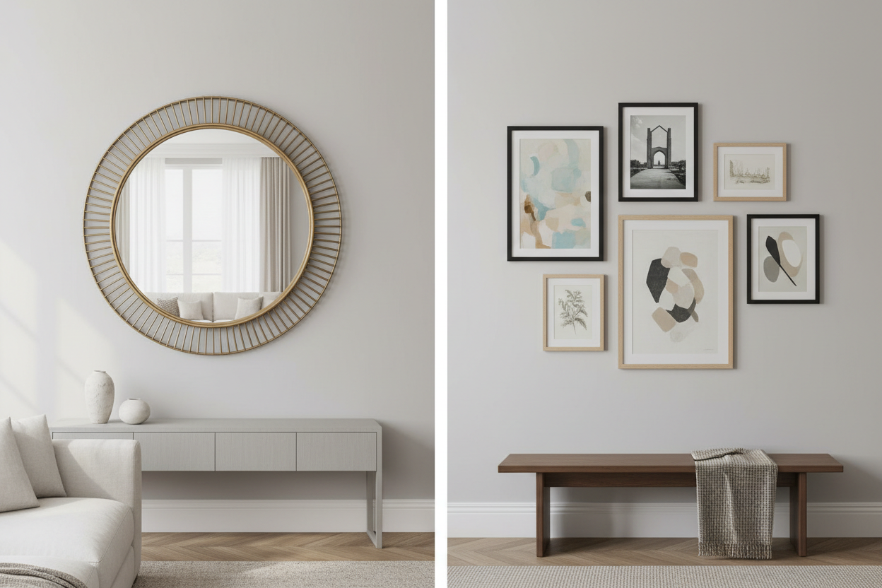 Stylish interior showcasing a round mirror on one side and a gallery wall with various wall art on the other