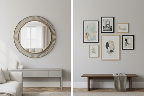 Stylish interior showcasing a round mirror on one side and a gallery wall with various wall art on the other