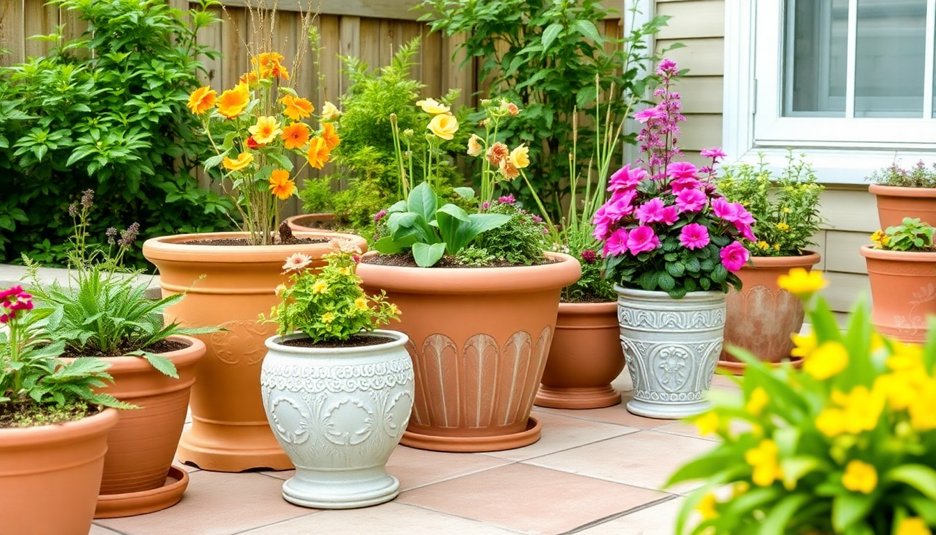 Vibrant collection of outdoor plant pots showcasing colourful flowers and greenery in a garden setting