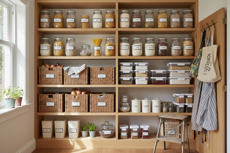 Well-organised pantry with jars, baskets, and labels showcasing effective pantry organisation
