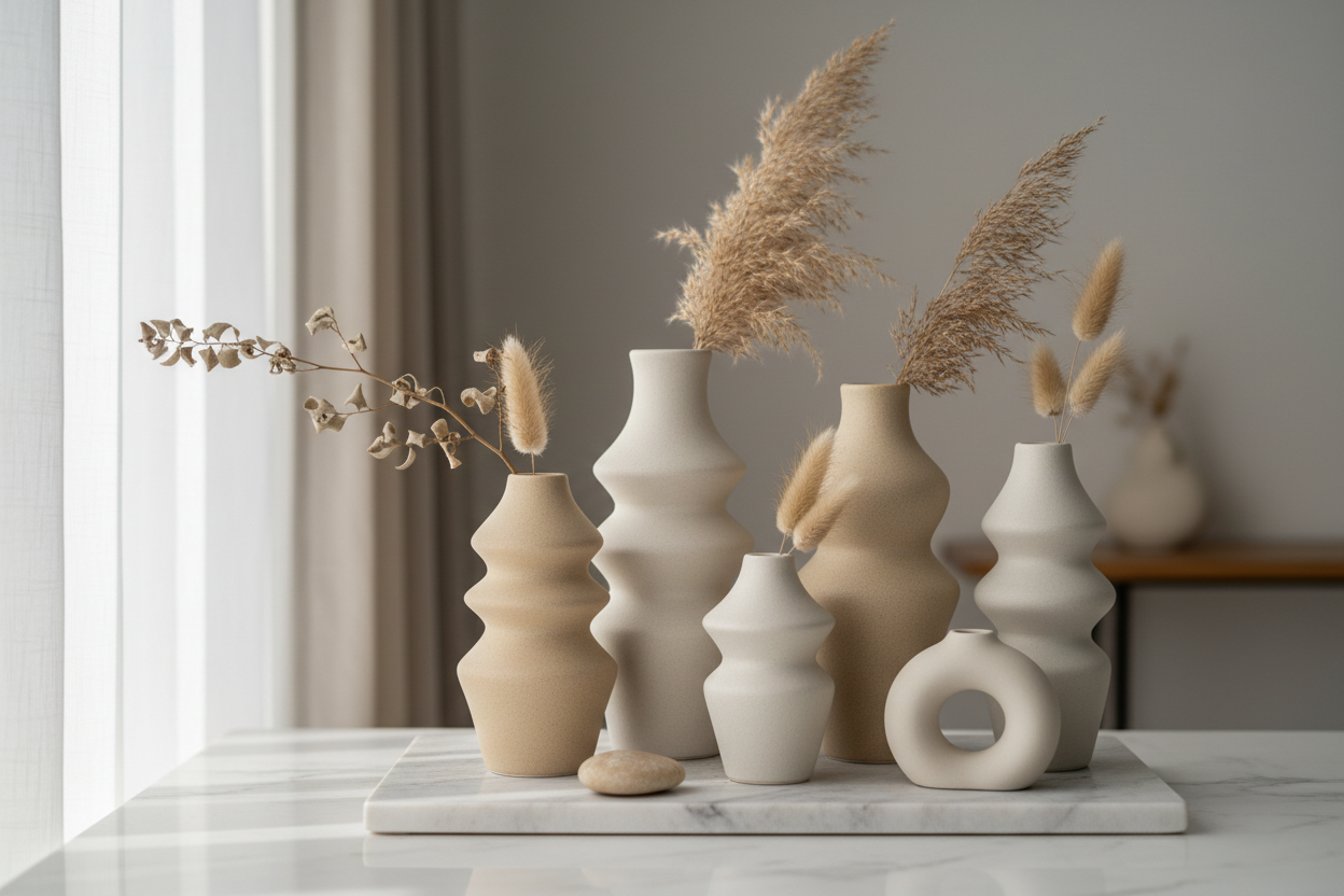Collection of sculptural vases featuring various shapes with dried plants for modern interior decor