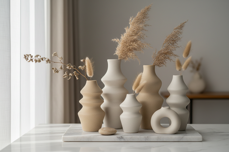 Collection of sculptural vases featuring various shapes with dried plants for modern interior decor