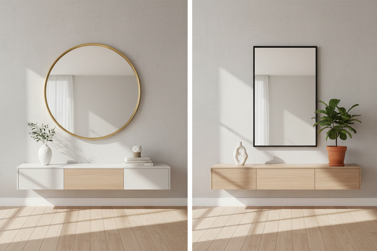 Comparison of round and rectangular mirrors above modern furniture in a well-lit room