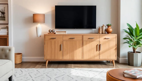 Elegant wooden sideboards in a modern living room, offering stylish storage and decor
