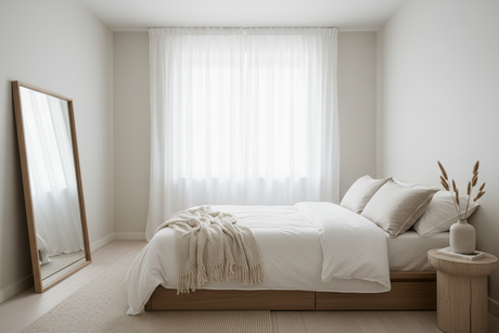 Small bedroom featuring minimalist bedding, natural light and light colours for a spacious feel