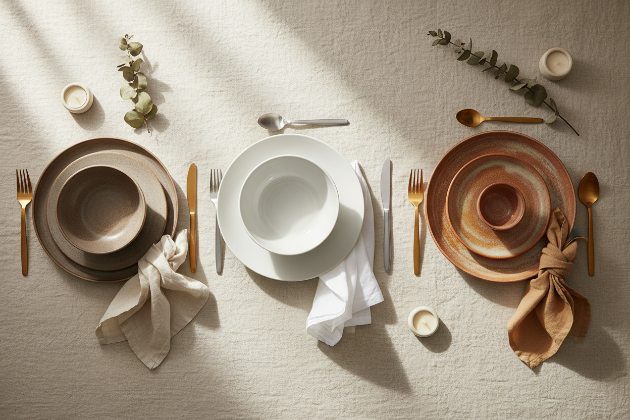 Elegant dinner set displayed with various materials and styles on a textured tablecloth