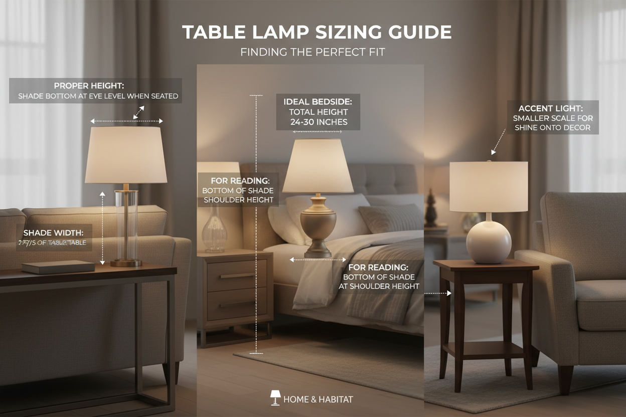 Table lamp sizing guide showing proper height and ideal bedside dimensions for the perfect fit