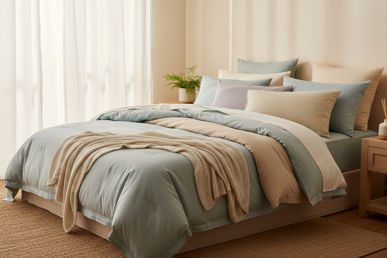 Calm bedroom with pastel bedding and layered textures for a soothing atmosphere