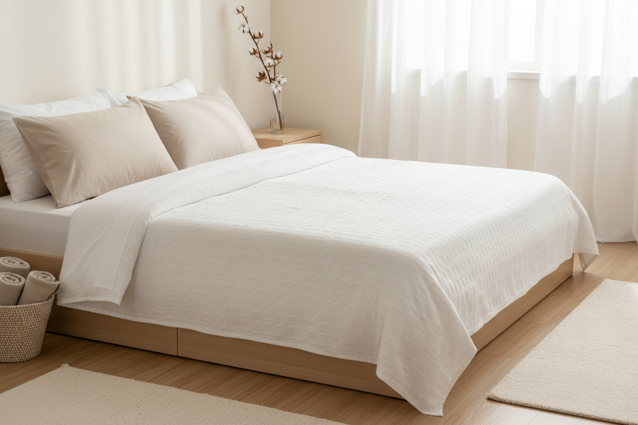 Minimalist bedroom featuring comfortable bedding, soft neutral tones and natural light for a calming atmosphere