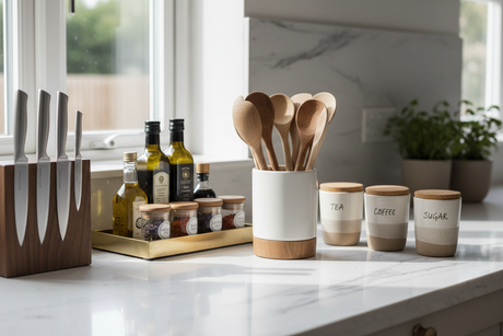 Stylish countertop accessories including jars, utensils, and oils for an organised kitchen
