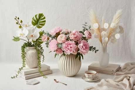 Three stunning arrangements in Statement Vases featuring fresh flowers and dried stems on a neutral backdrop