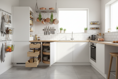 Modern kitchen with efficient kitchen storage solutions, featuring stylish shelves and organised cabinets