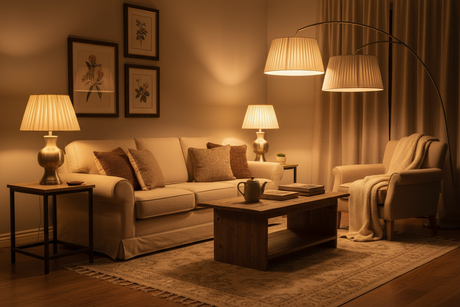 Warm ambient lighting in a living room with stylish lampshades creating an inviting atmosphere