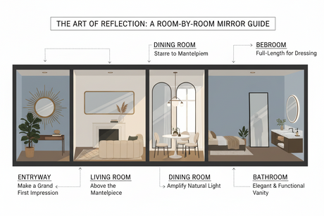 A room-by-room mirror guide showcasing ideal placements for mirrors in different areas