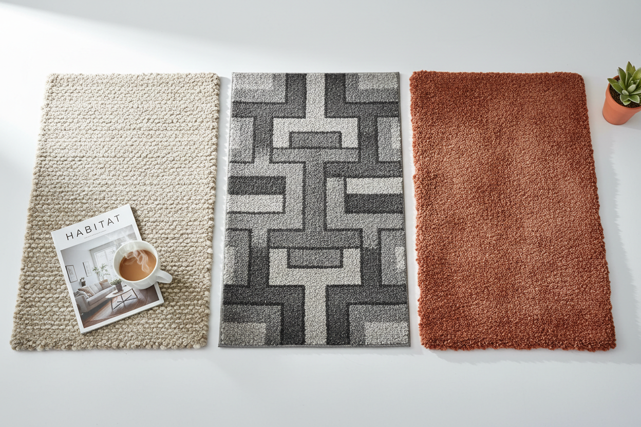 Sample display of rug colours including neutral, geometric grey, and warm terracotta options for interior design