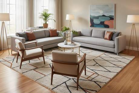 Stylish living room featuring modern grey sofas on a patterned rugs with a coffee table and natural light