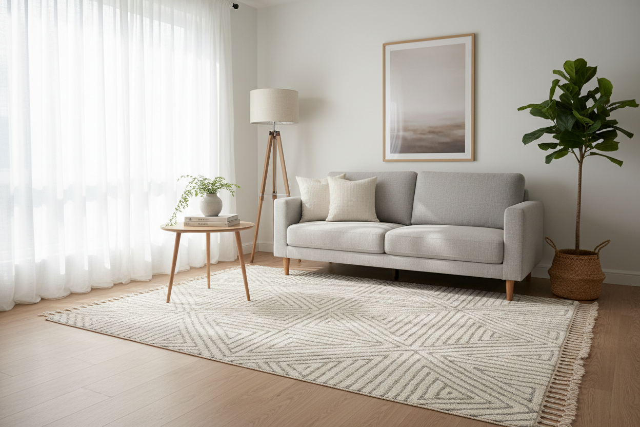 Stylish living room featuring textured rugs under a grey sofa and a wooden coffee table