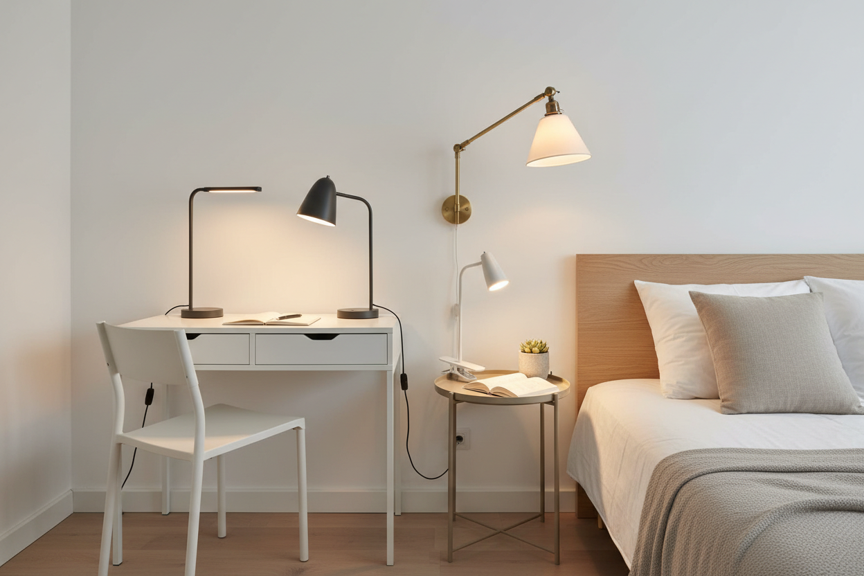 Stylish table lamps on a desk and side table in a modern bedroom interior