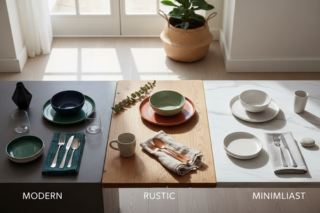 Tableware displays for modern, rustic, and minimalist dining styles showcasing colour options