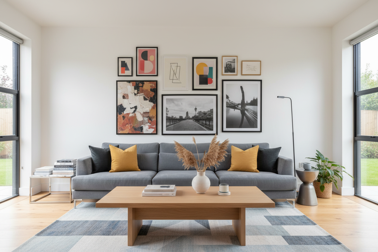 Stylish living room featuring various wall art pieces above a modern sofa