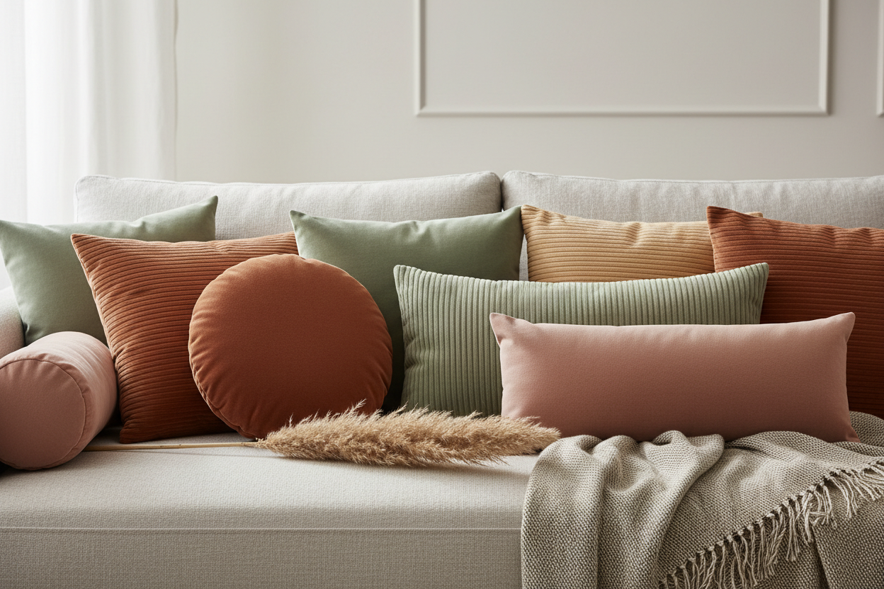 Variety of cushion styles in warm, earthy tones arranged on a light sofa for a cosy, inviting look