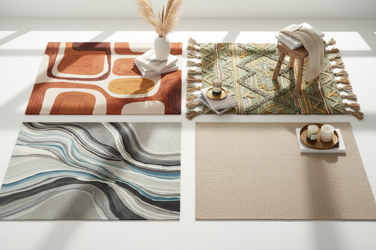 Variety of contemporary rug styles featuring abstract patterns and neutral tones for modern interiors