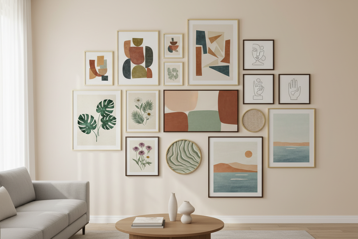 Stylish wall art gallery featuring abstract and nature-themed prints in modern home interior