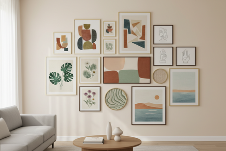 Stylish wall art gallery featuring abstract and nature-themed prints in modern home interior