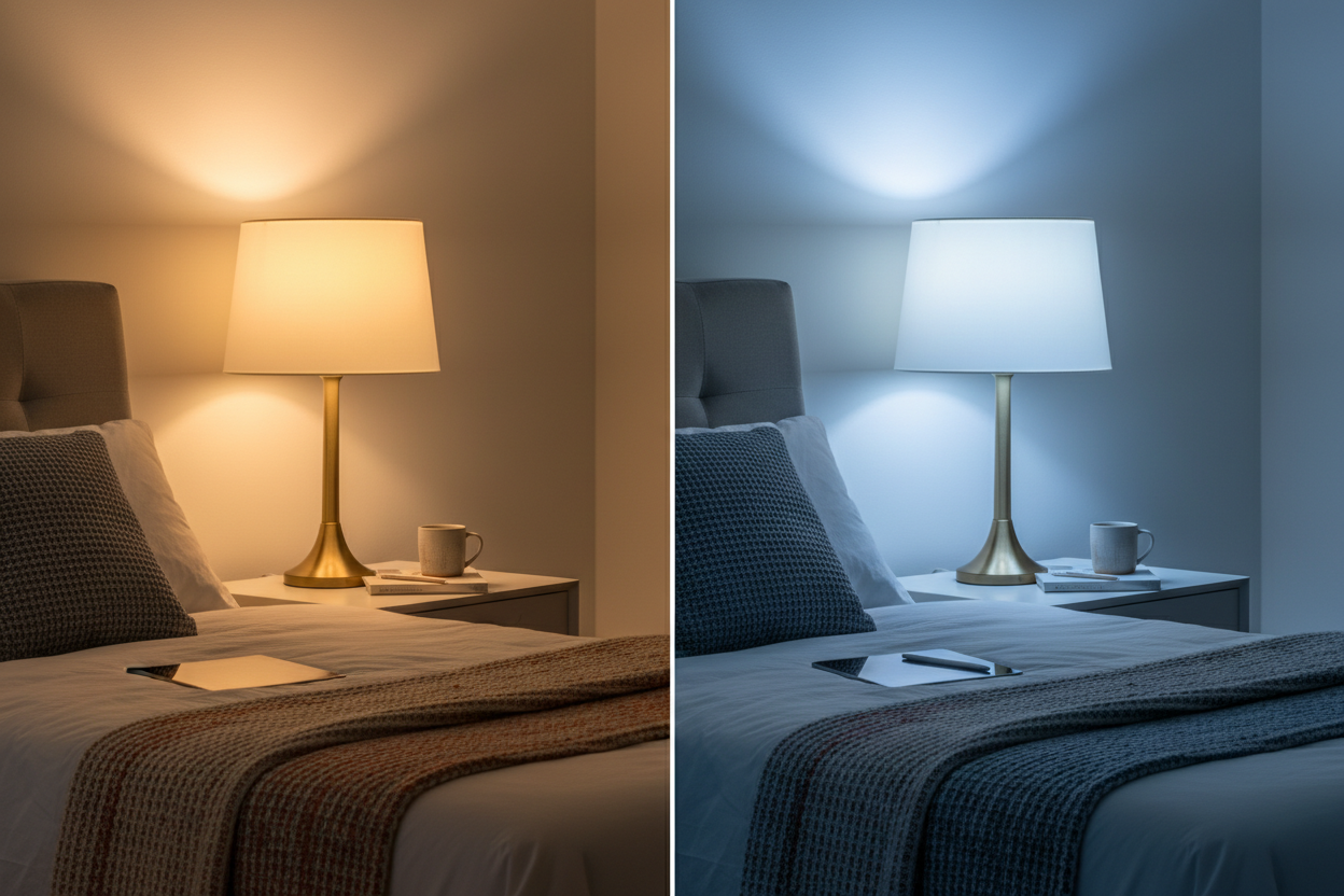 Comparison of warm and cool light from stylish table lamps beside a bed and nightstand