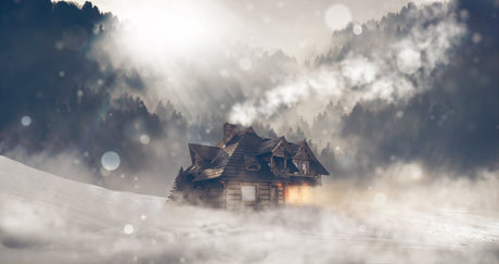 Charming winter home surrounded by snowy mountains, perfect for Winter Home Decor inspiration.