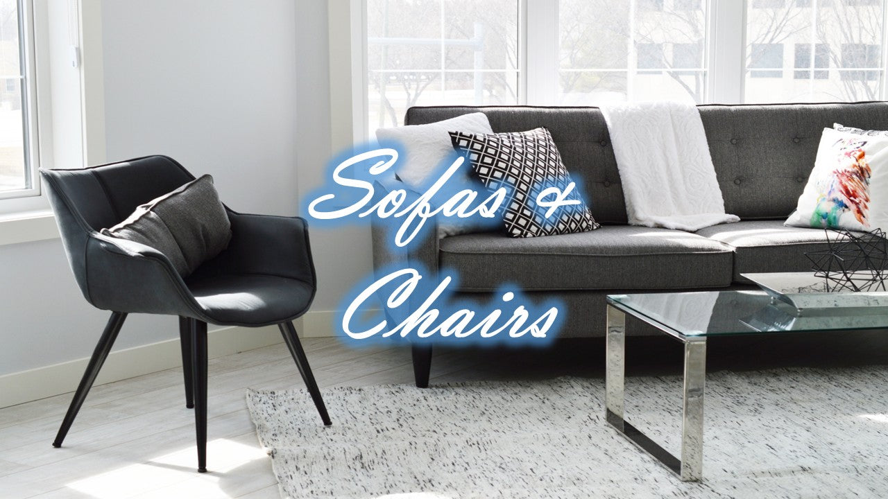Stylish Sofas and Chairs collection featuring a grey sofa and a modern chair with cushions