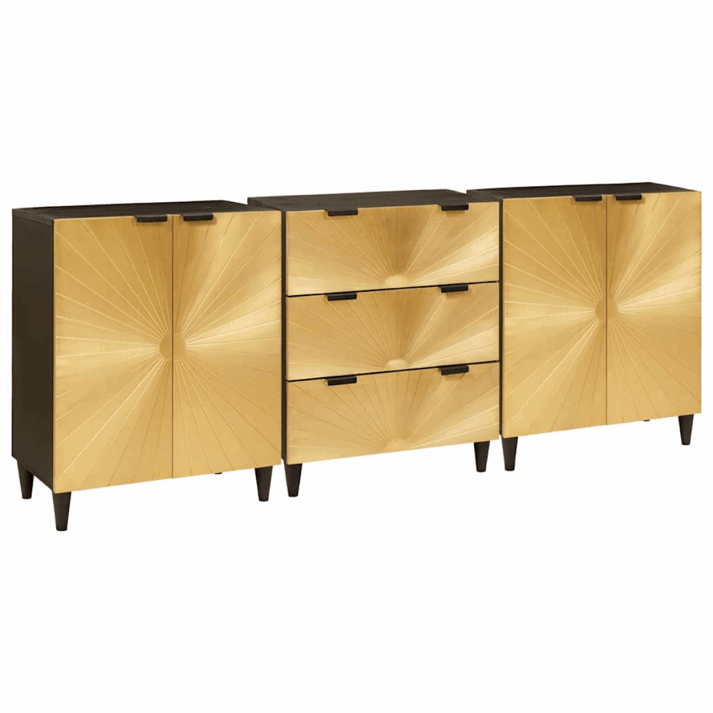 vidaXL Sideboard 3 pcs Black and Gold 60 x 33 x 75 cm Solid mango wood vidaXL