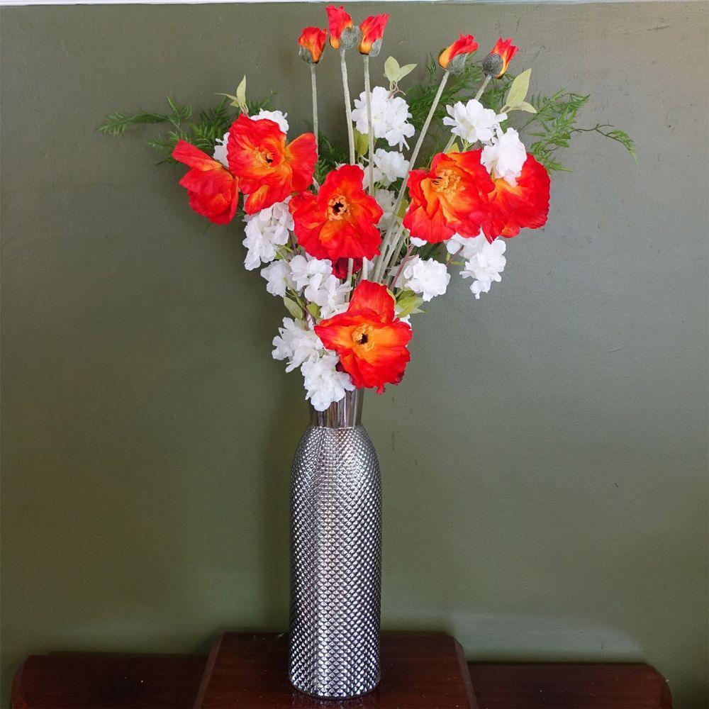 100cm Poppy and White Blossom Arrangement Glass Vase Leaf