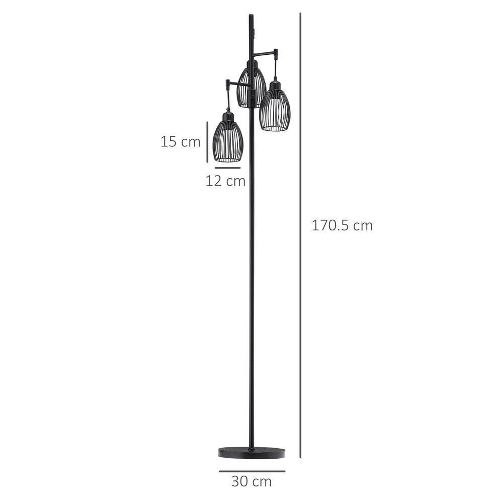 170cm Industrial 3-Light Floor Lamp, Dimmable Black HOMCOM