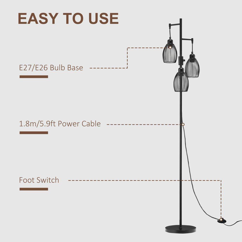 170cm Industrial 3-Light Floor Lamp, Dimmable Black HOMCOM