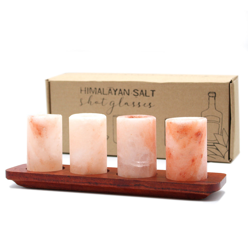 Set of 4 Himalayan Salt Shot Glasses & Wood Serving Stand Shades 4 Seasons