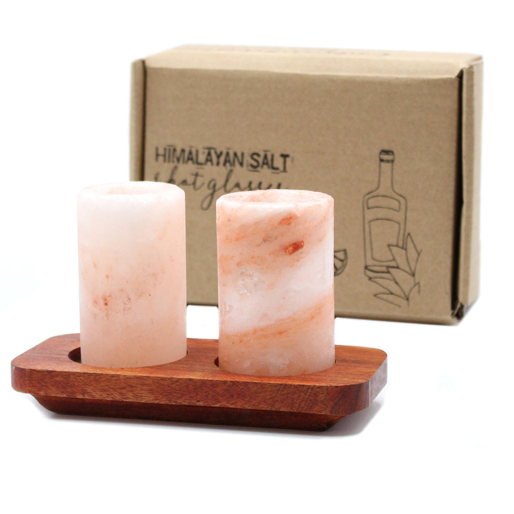 Set of 2 Himalayan Salt Shot Glasses & Wood Serving Stand Shades 4 Seasons