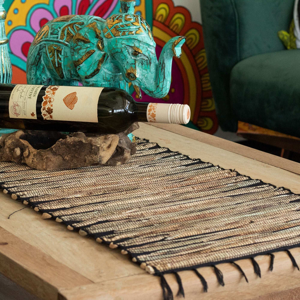 Water Hyacinth Natural Table Runner - Black Tiger with Fringe Shades 4 Seasons