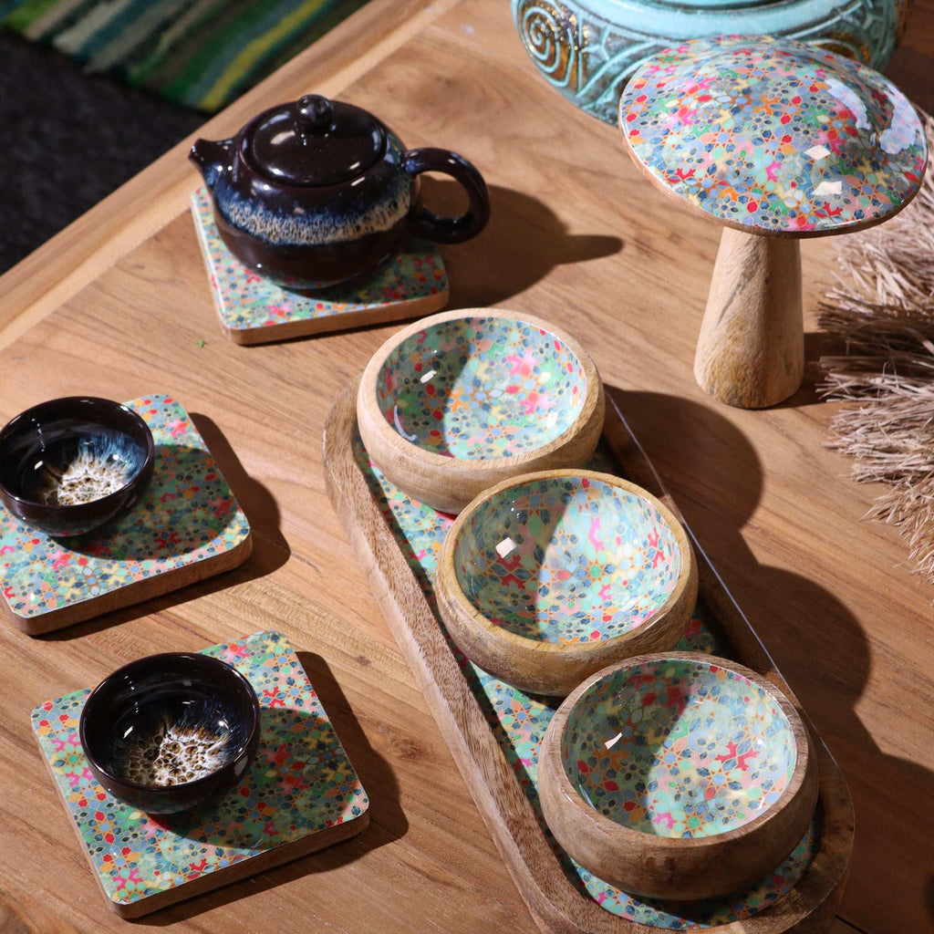 Mango Wood Tray with 3 Bowls - Blue Stripes Shades 4 Seasons