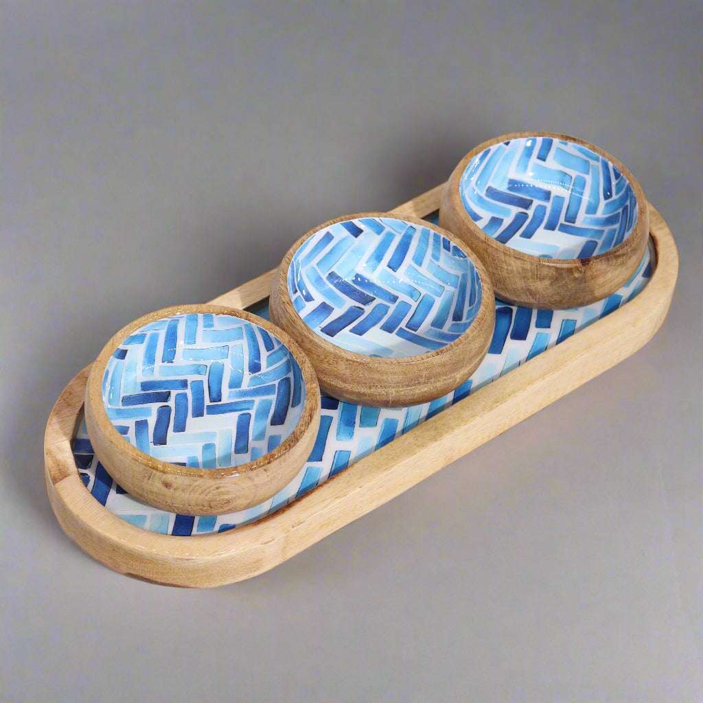 Mango Wood Tray with 3 Bowls - Blue Stripes Shades 4 Seasons