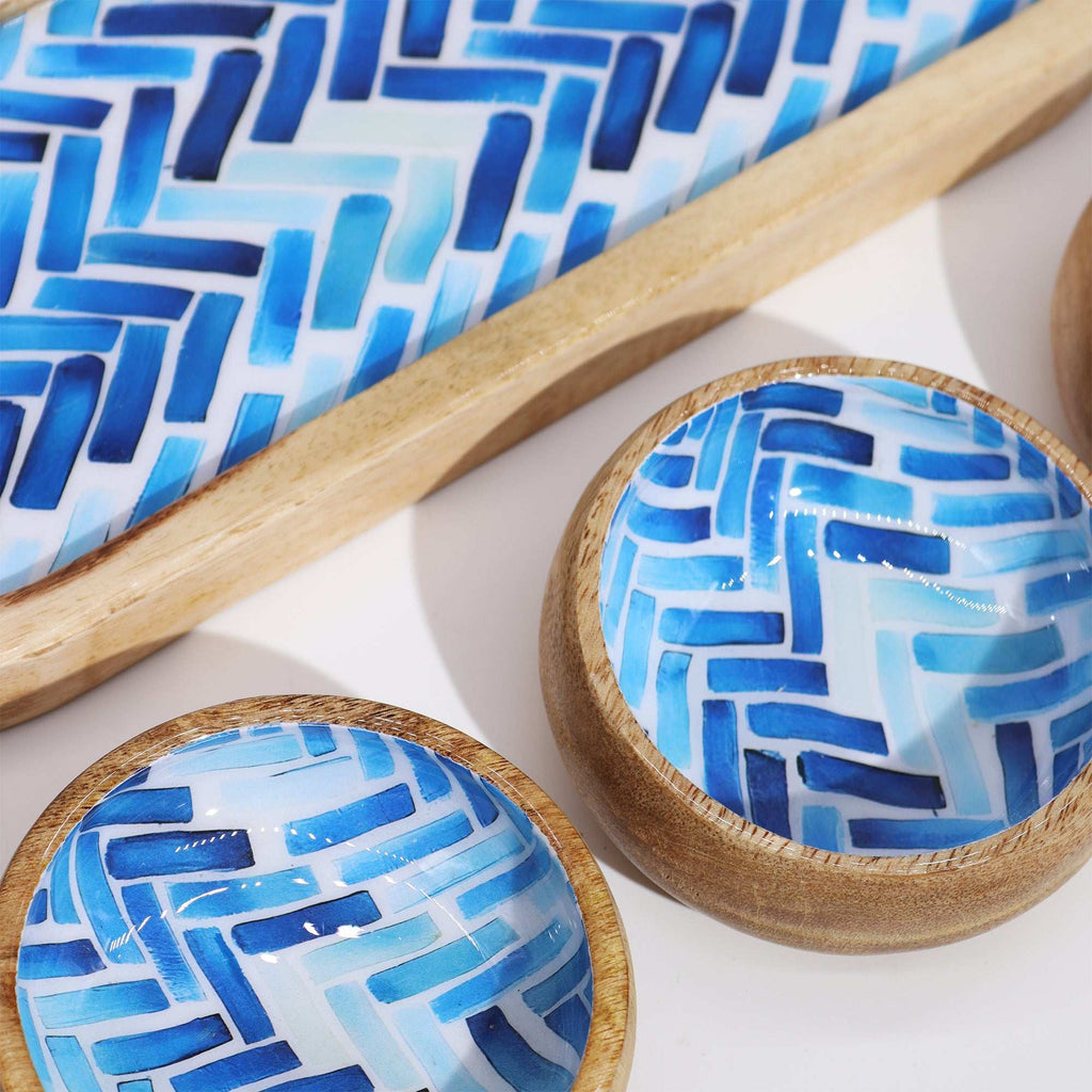 Mango Wood Tray with 3 Bowls - Blue Stripes Shades 4 Seasons