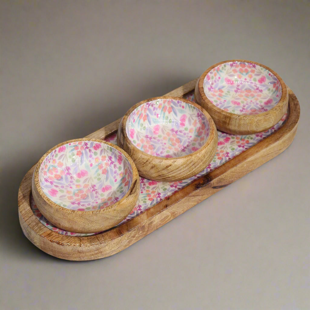 Mango Wood Tray with 3 Bowls - Pretty Floral Shades 4 Seasons