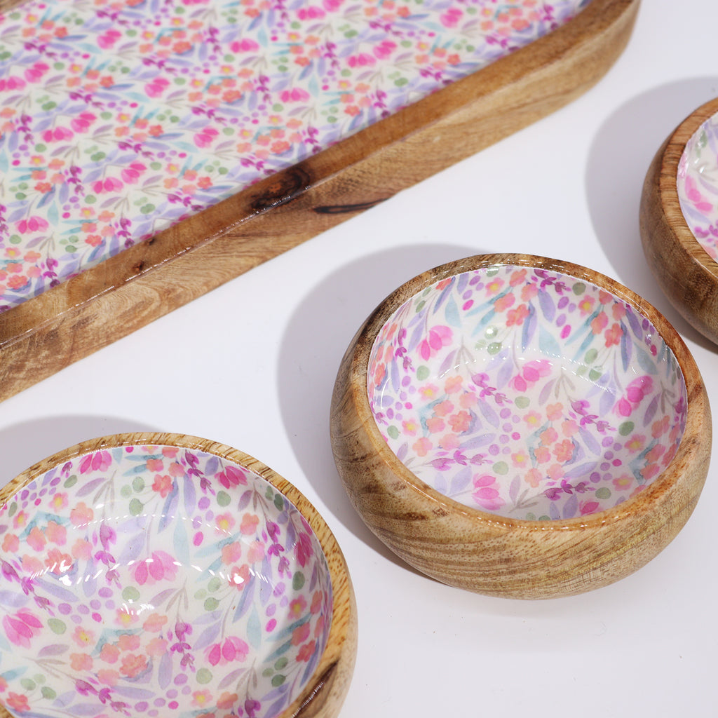 Mango Wood Tray with 3 Bowls - Pretty Floral Shades 4 Seasons