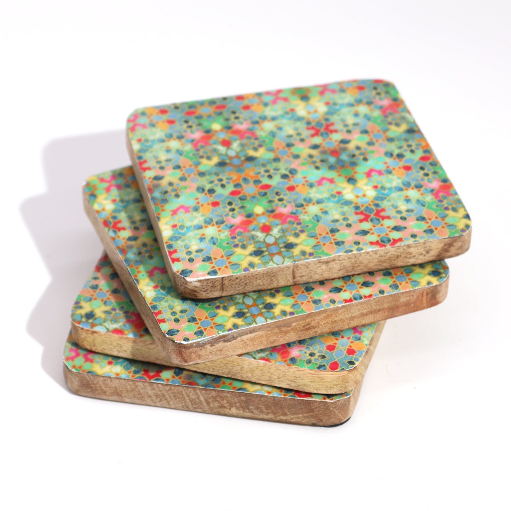 Set of 4 Square Coasters - Mediterranean Tile Pattern Shades 4 Seasons