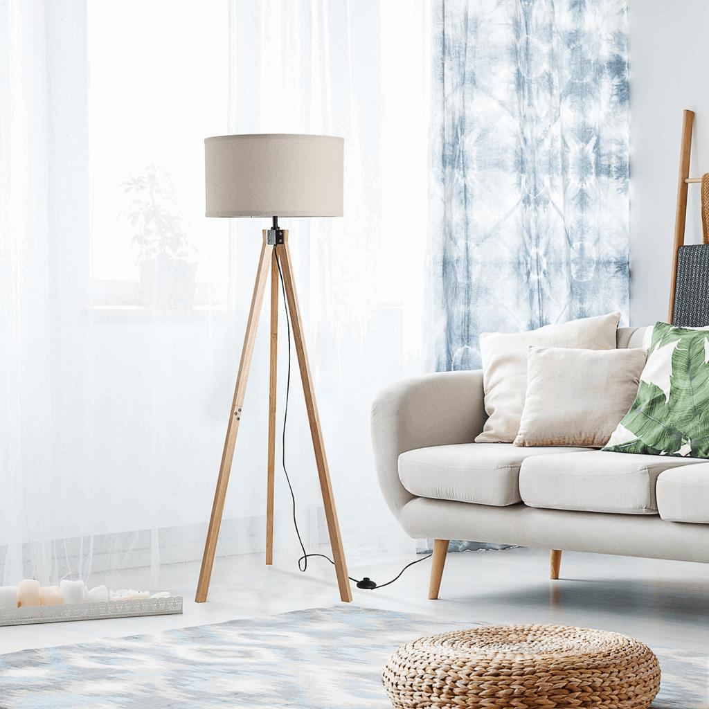 Rubber Wood Tripod Floor Lamp Beige HOMCOM
