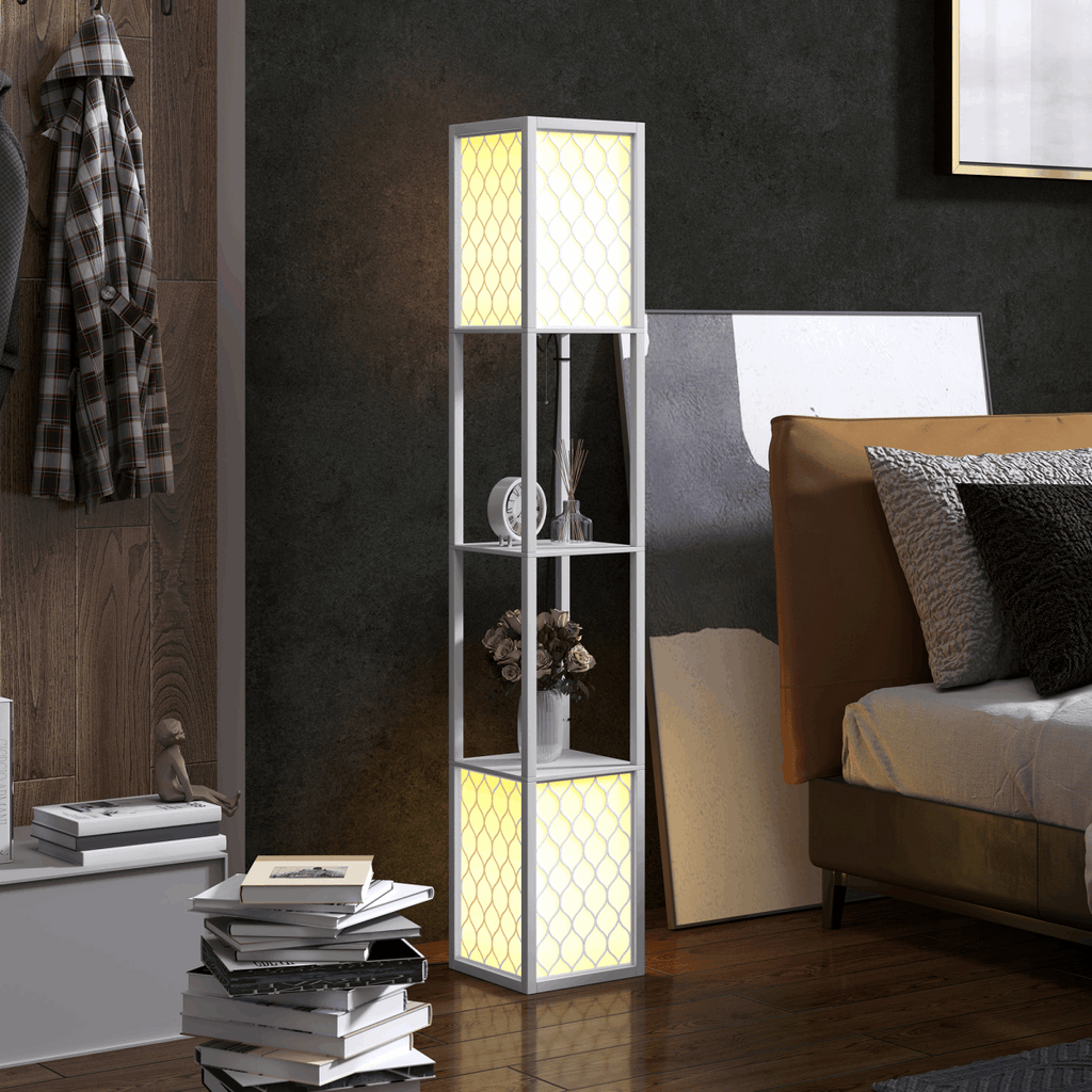 HOMCOM 2-Light Modern Floor Lamp with Shelves for Living Room, Bedroom, White HOMCOM