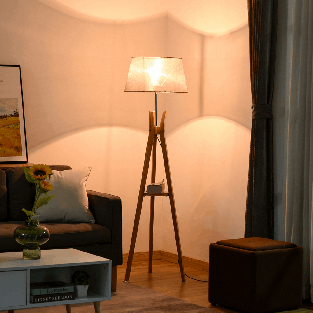 Tripod Floor Lamp Light E27 Base w/ Fabric Shade Storage Shelf, Grey HOMCOM Unbranded