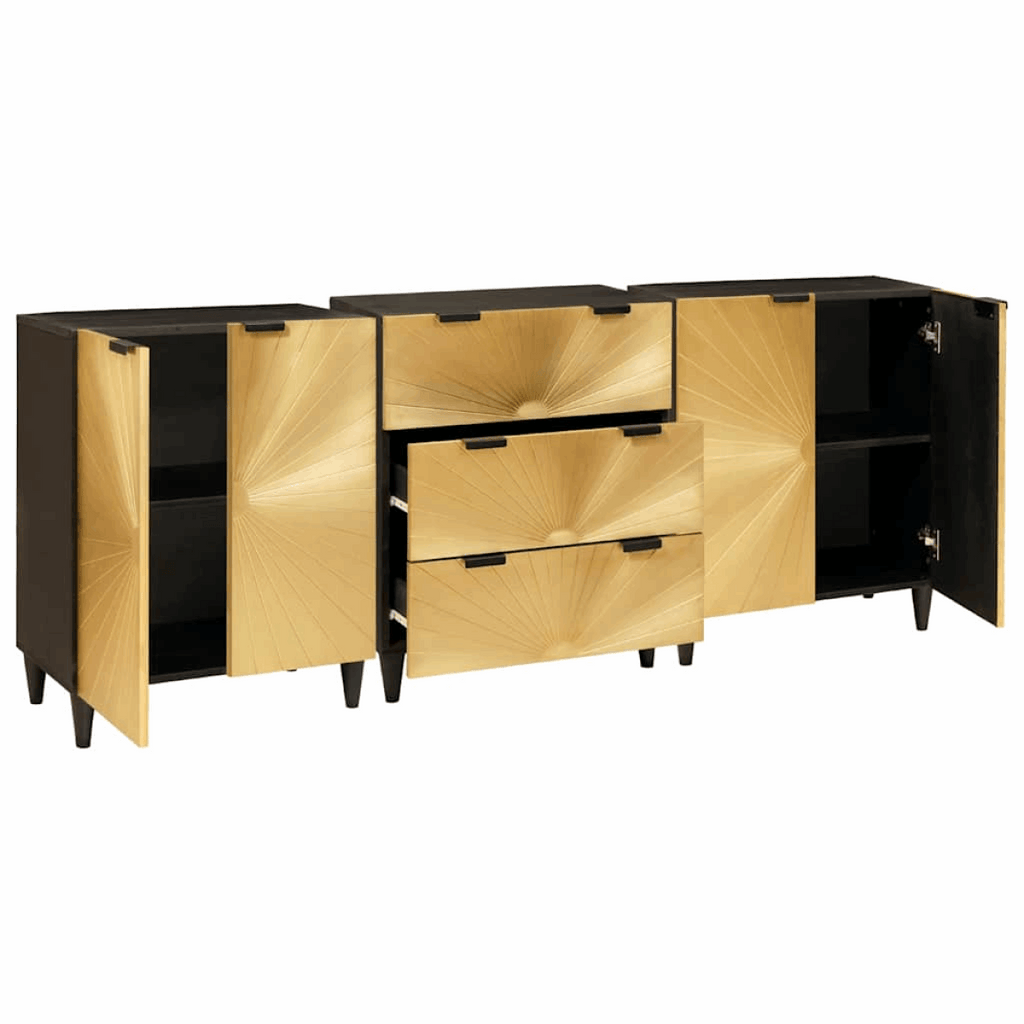 vidaXL Sideboard 3 pcs Black and Gold 60 x 33 x 75 cm Solid mango wood vidaXL